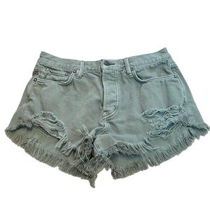 Free People “We The Free” High Waist Distressed Olive Green Jean Shorts 26